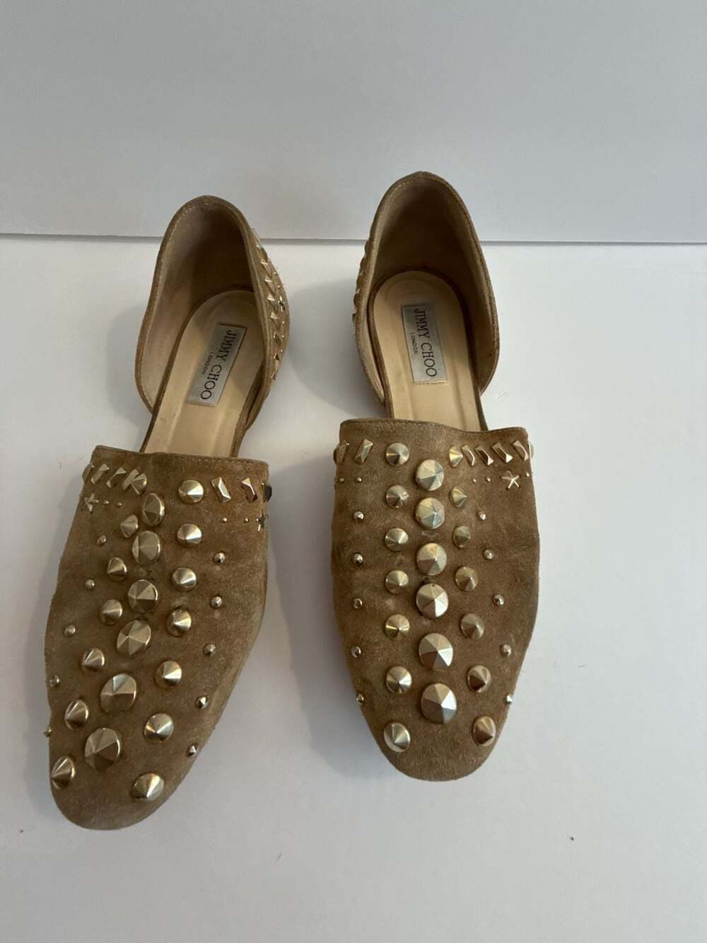 Jimmy Choo Studded Suede Loafers Tan Gold